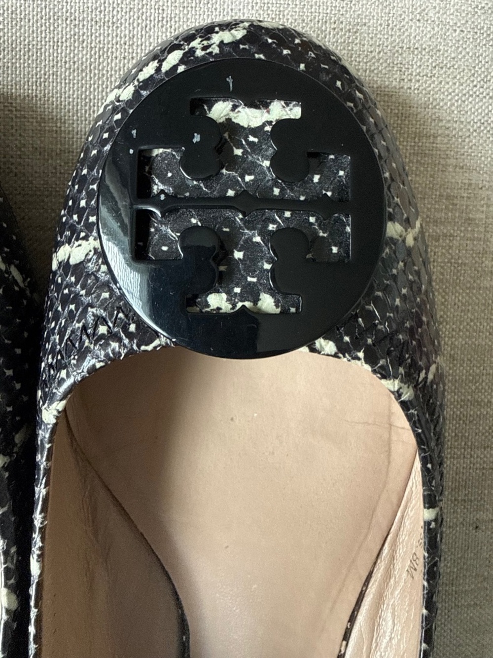 Tory Burch Snake-Print Flats in Black and White with Black Logo